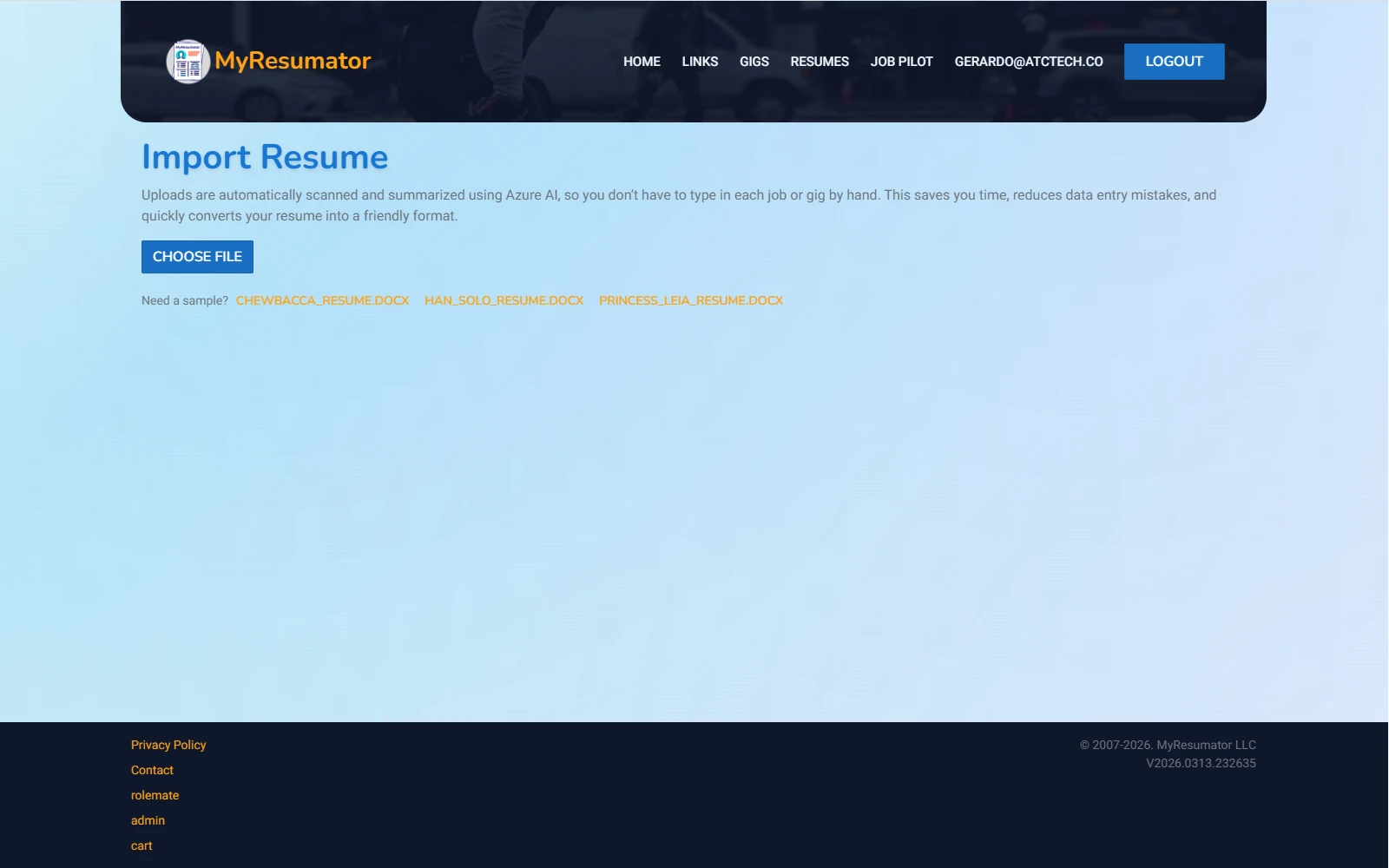 Import Resume feature screenshot